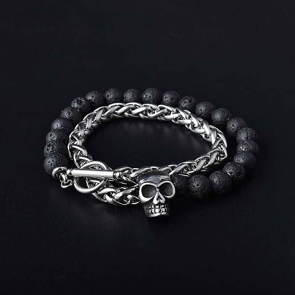 Natural Lava Rock & Stainless Steel Skull Beaded Bracelet with Wheat Chains