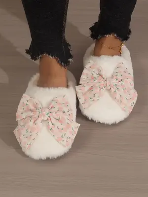 Women's Ditsy Floral Print Bow Decor Soft Slippers, Fluffy Plush Bedroom Slides, Warm Comfort Bedroom Slippers for Fall & Win...