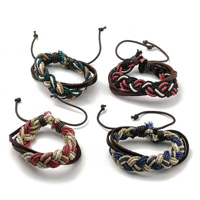 Adjustable PU Leather & Waxed Cords Braided Multi-strand Bracelets