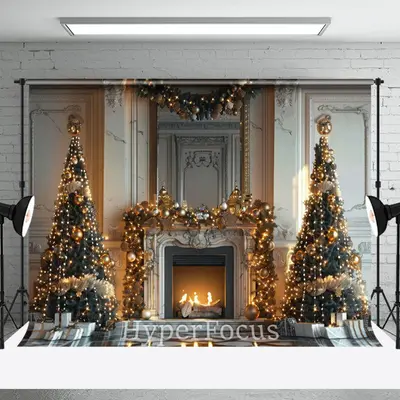 White Marbled Wall Fireplace Tree Christmas Backdrop - Aperturee