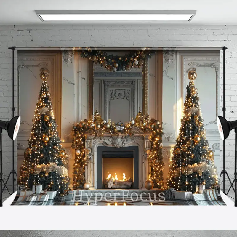White Marbled Wall Fireplace Tree Christmas Backdrop - Aperturee
