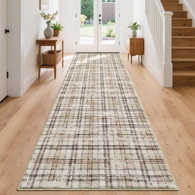 Garvee Washable Runner Rug 2x10 - Non Slip, Stain Resistant - Pearl Velvet Soft, Tartan Plaid - Machine Washable, Durable - K...
