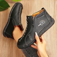 Women's Hand Sewn Leather Outdoor Casual Shoes Fashion Walking Shoes Zipper Classic Workwear Style.