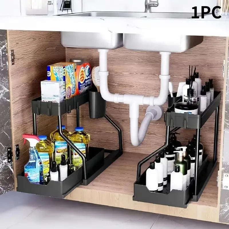 L-shaped Under Sink Drawer Organizer, 2 Layer Sliding Drawer Organizer, Storage Drawer Organizer for Kitchen