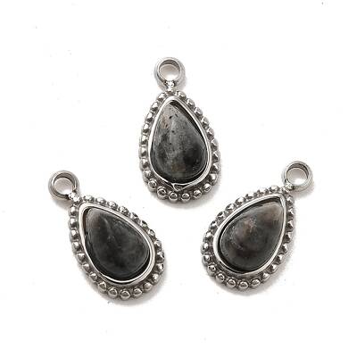 304 Stainless Steel Pave Natural Labradorite Teardrop Charms
