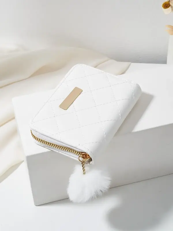 Women's Cute pompom Design quilted Wallet, Casual Trendy Zipper Design Purse with Card Holder Design, Fashionable Wallet For ...
