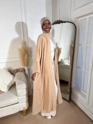Sand Serene Linen Abaya Set - Cream Color Soft Breathable Lightweight Flowy Open Abaya with Matching Hijab & Belt for Everyda...