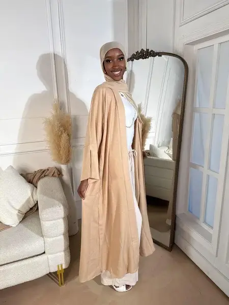 Sand Serene Linen Abaya Set - Cream Color Soft Breathable Lightweight Flowy Open Abaya with Matching Hijab & Belt for Everyda...