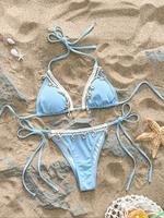 Women's Conch & Starfish Decor Halter Triangle Bikini Set, High Stretch Casual Fashion Chic Tie Back Backless Swim Top & Tie ...