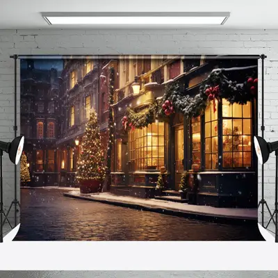 Aperturee Winter Night City Street Festive Light Snow Backdrop