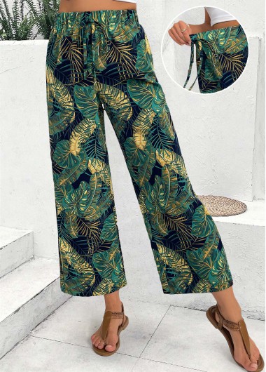 Modlily Turquoise Plants Print Wide Leg Elastic Waist Pants - L