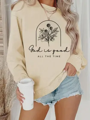 Women's Floral & Letter Print Crewneck Sports Sweatshirt, All-match Long Sleeve Round Neck Pullover Airport Outfit for Fall ...