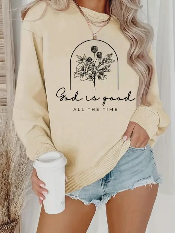 Women's Floral & Letter Print Crewneck Sports Sweatshirt, All-match Long Sleeve Round Neck Pullover Airport Outfit for Fall ...