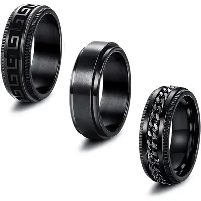 FLORIDECO 3Pcs Stainless Steel Fidget Ring for Men Women Cool Chain Greek Key Spinner Band Ring Set for Wedding Promise Stres...