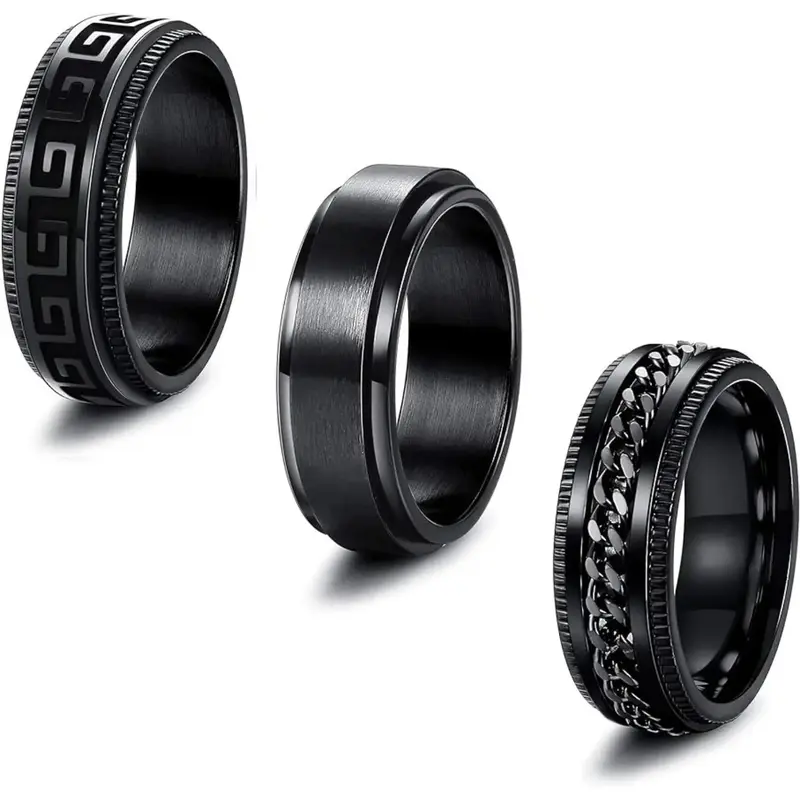 FLORIDECO 3Pcs Stainless Steel Fidget Ring for Men Women Cool Chain Greek Key Spinner Band Ring Set for Wedding Promise Stres...