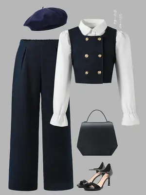Three-Piece Set Girl's Solid Button Front Vest Blazer & Collar Shirt & Wide Leg Pants Set, Elegant Fashion Casual Three-piece...