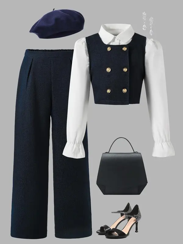 Three-Piece Set Girl's Solid Button Front Vest Blazer & Collar Shirt & Wide Leg Pants Set, Elegant Fashion Casual Three-piece...