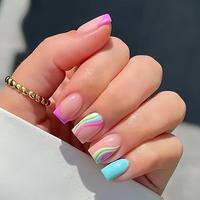 24pcs Glossy Cute French Style Wave Pattern Short Square Fake Nail For Women & Girls, Removable Nail Art, Artificial Full Cov...