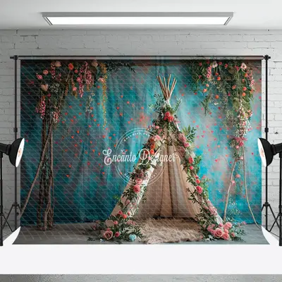 Bright Teal Wall Floral Boho Tent Wedding Backdrop