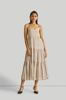 Strappy Tiered Maxi Dress in Beige Stripes | Color: Striped down beige | Size: L
