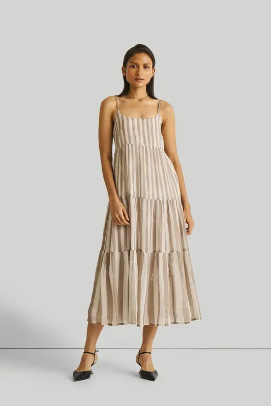 Strappy Tiered Maxi Dress in Beige Stripes | Color: Striped down beige | Size: L