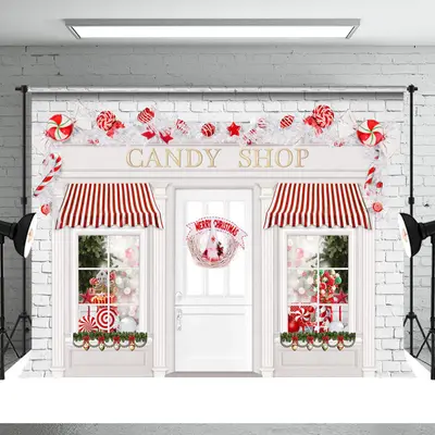 Christmas Candy Shop White Red Backdrop For Photo - Aperturee