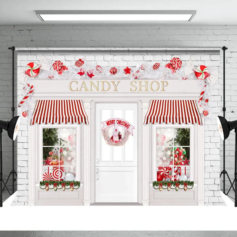 Christmas Candy Shop White Red Backdrop For Photo - Aperturee