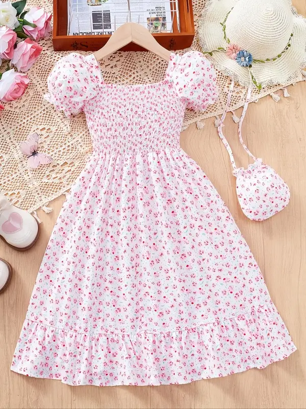 Girl's Floral Print Dress with Bag, Casual Cute Shirred Dress for Summer, Ditsy Floral Dress, Kids Clothes for Daily Wear, Fl...