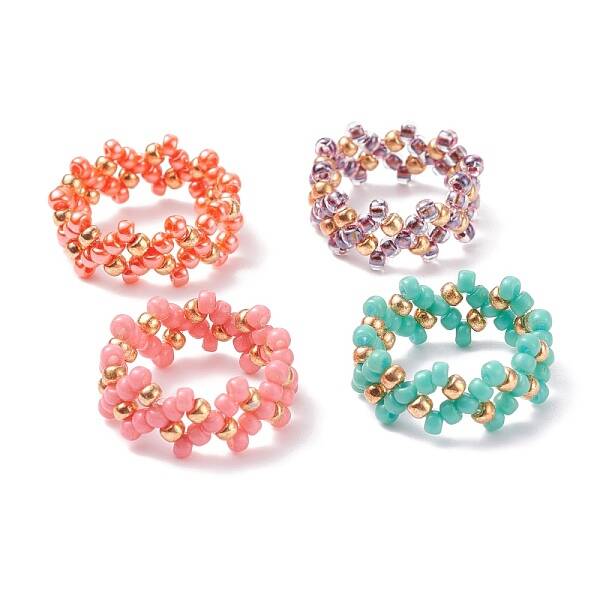 4Pcs 4 Colors Glass Seed Beads Braided Finger Rings Set for Women