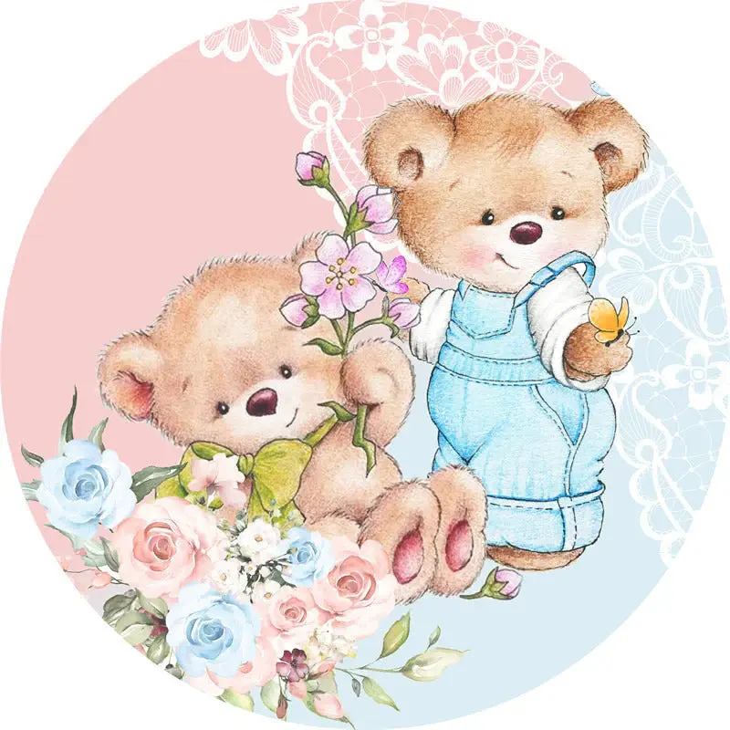 Aperturee Pink And Blue Foral Bear Round Baby Shower Backdrop | Round Backdrop Cover Diy | Custom Round Backdrop Cover | Roun...