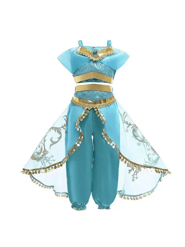 Girl's Princess Costume Set, Contrast Sequin Top & Contrast Mesh High Waist Pants Set, Girls Party Clothes