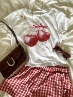 Women's Cherry Print Tee & Plaid Print Shorts Two-piece Set, Casual Fashion Cozy Round Neck Short Sleeve T-shirt & Shorts for...
