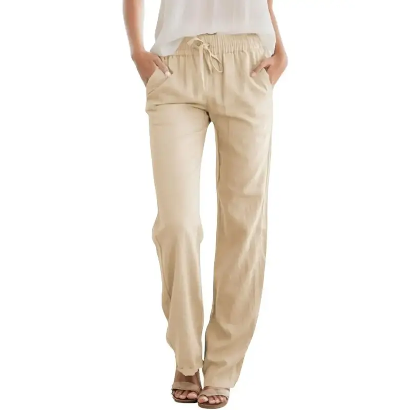 JEKAOYI Womens Casual Linen Blend High Waist Pants Drawstring Loose Fit Summer Pants Trousers with Side Pockets