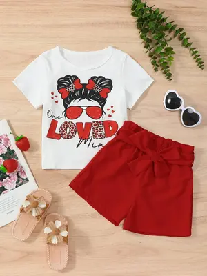 Girl's Letter Print Short Sleeve Tee & Bow Decor Shorts Two-Piece Set, Casual Round Neck T-shirt & Shorts for Daily Wear, Kid...