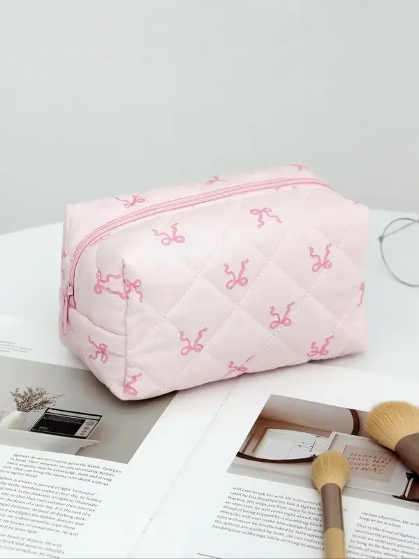Cute Bowknot Pattern Makeup Bag, Large Capacity Cosmetic Storage Bag, Zipper Makeup Organizer Pouch, Versatile Storage Bag fo...