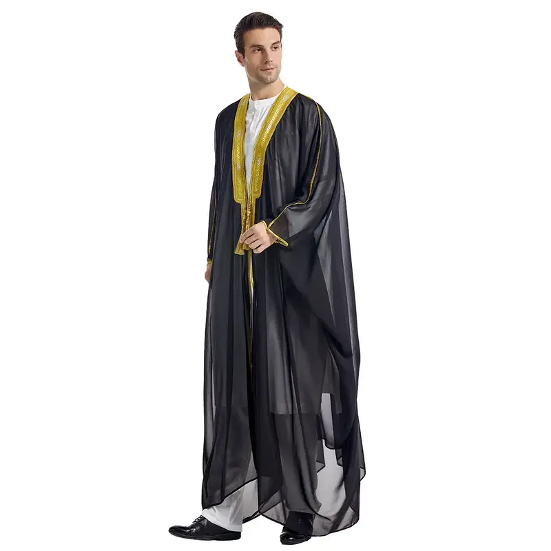 Men's Arab Thobe with Intricate Embroidery & Gold Beads Lightweight Sheer Chiffon Outer Robe Long Sleeved Muslim Modest Fashi...