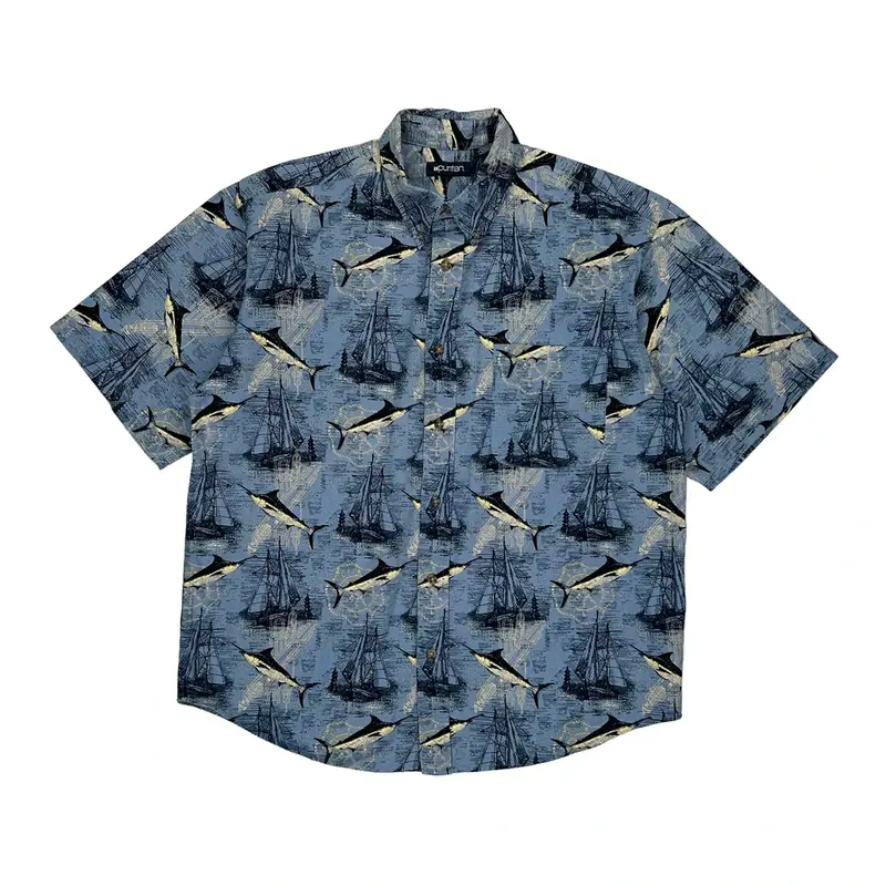 Puritan Hawaiian Shirt - Large Blue Cotton