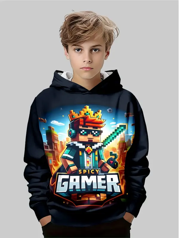 Pixel Character Spicy Gamer Hoodie for Boys, Casual Daily Wear, Unique Style Kids' Clothing, Comfortable and Trendy Design