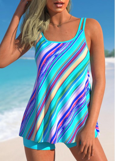 Modlily Cyan Stripe Print Tankini Swimsuit With Short Multi Color Double Spaghetti Straps Women Tankini Set - M