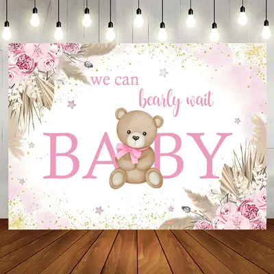 Aperturee Pink Floral Glitter Bear Baby Shower Backdrop - Aperturee