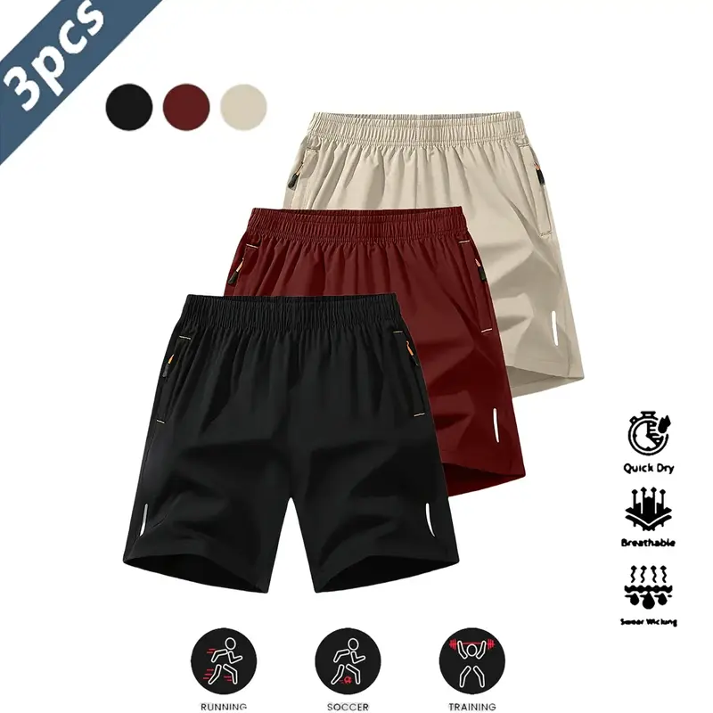 3-Pack Men's Quick-Dry Breathable Shorts Casual Sports Style Wrinkle-Resistant Textured Design Polyester Blend Solid Color Re...