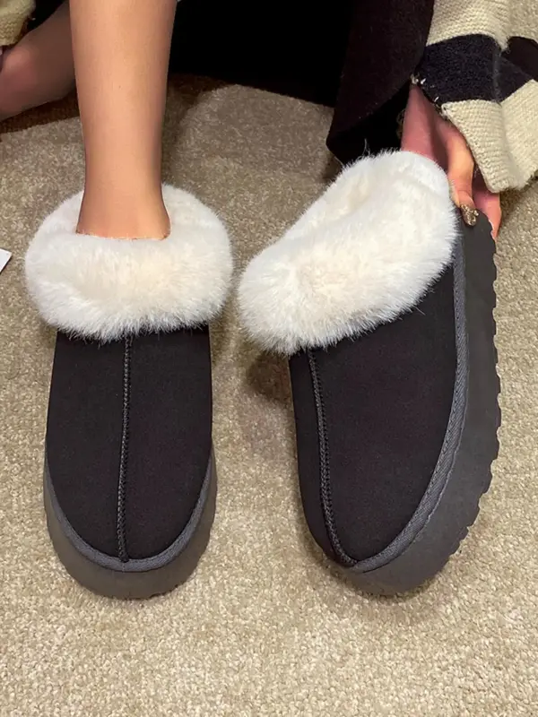 Women's Solid Color Fluffy Lined Slip on Snow Boots, 2024 Casual Soft Comfortable Non-slip Low Top Home House Slippers, Warm ...