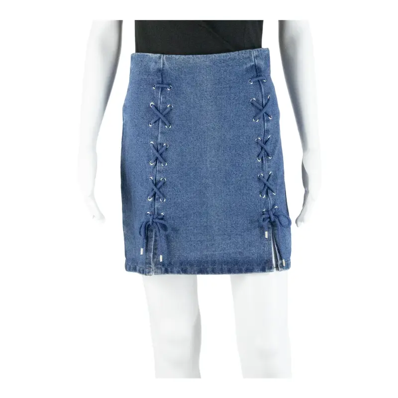 Lace Up Short Mini Skirt Blue Denim Womens M