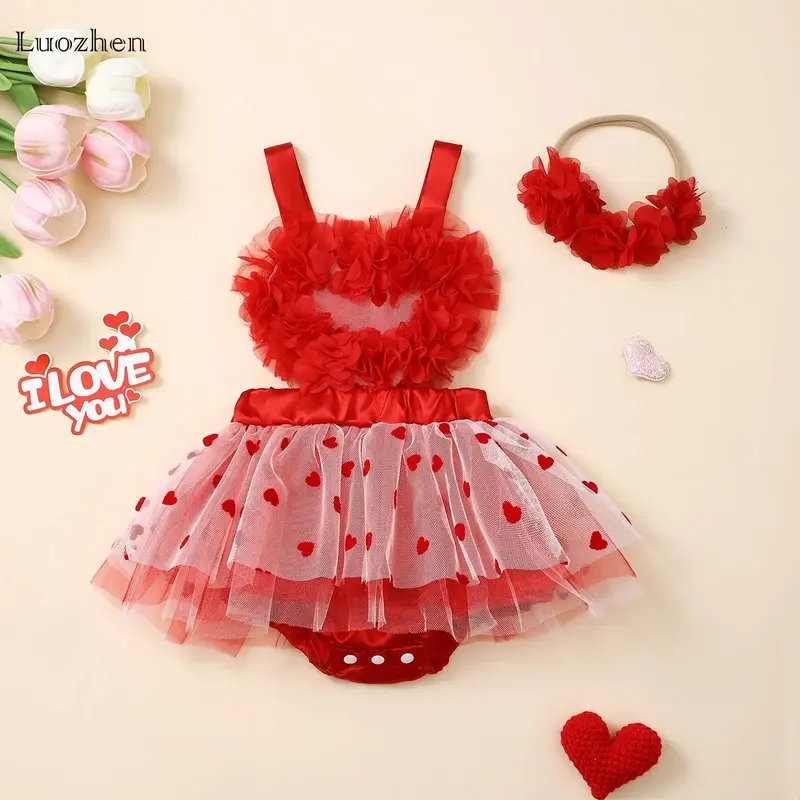 Infant Girls Toddler Baby Summer Sweet Cute Bodysuit Sleeveless Heart Printed Tulle Dress with Headband Set Romper