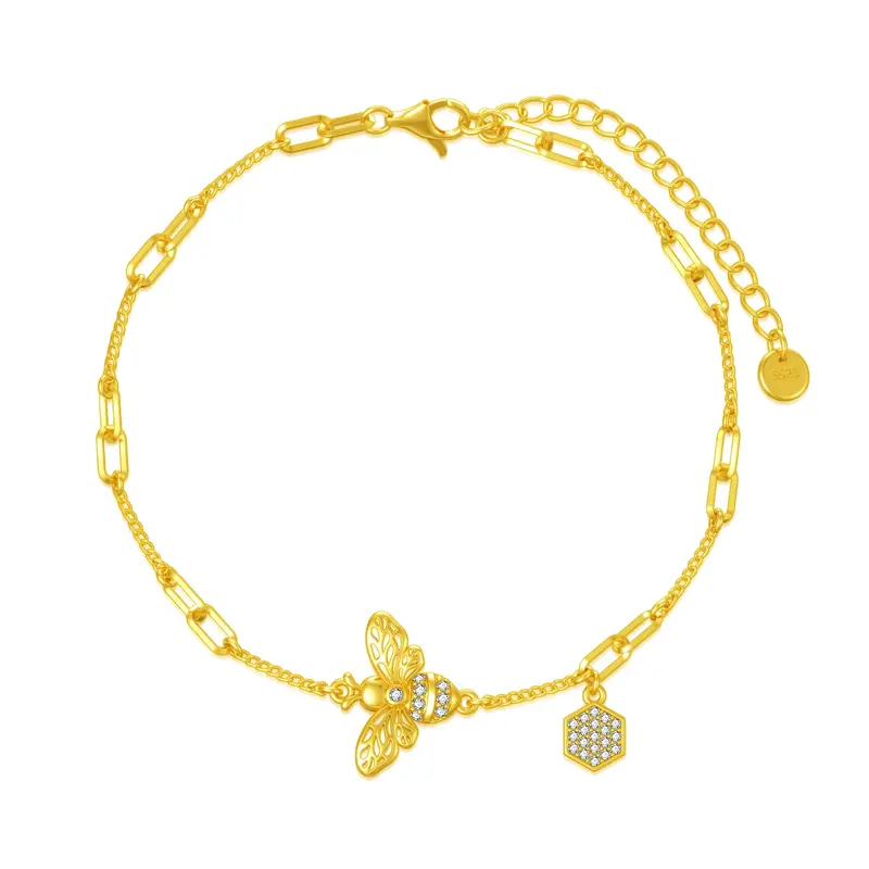 Sterling Silver with Yellow Gold Plated Zircon Bees Charm Bracelet