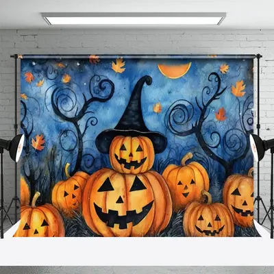 Weird Smiley Pumpkin Hat Halloween Portrait Backdrop - Aperturee