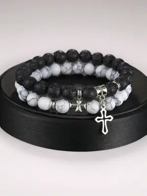 Stone & Cross Charm Decor Beaded Bracelets Set, Fashionable Faith Wear Jewelry for Women & Men, Trendy All-match & Exquisite ...