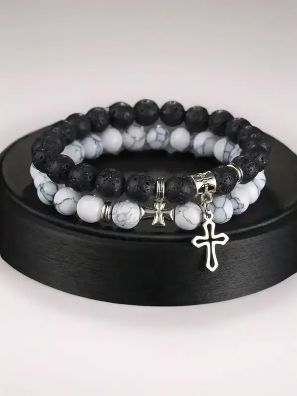 Stone & Cross Charm Decor Beaded Bracelets Set, Fashionable Faith Wear Jewelry for Women & Men, Trendy All-match & Exquisite ...