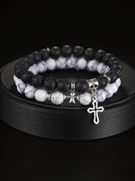 Stone & Cross Charm Decor Beaded Bracelets Set, Fashionable Bangles Bracelets Set for Women & Men, Trendy All-match & Exquisi...