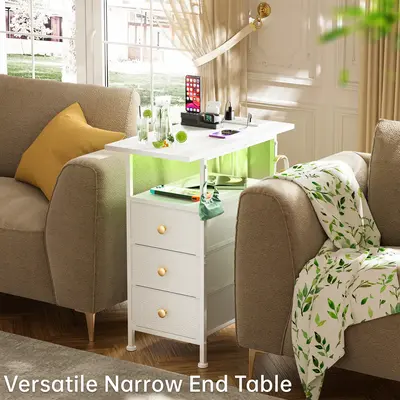 Slim End Table with Charging Station & LED Lights, Narrow Side Table with Shelf and 3 Fabric Drawers, Modern Bedside Nightsta...